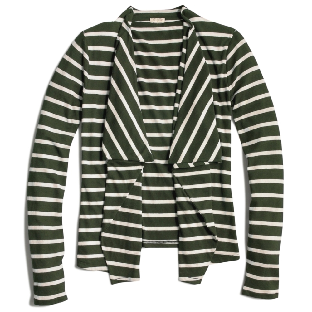 J. CREW Green and Cream Striped Long Sleeved Cardigan with Cascading Front